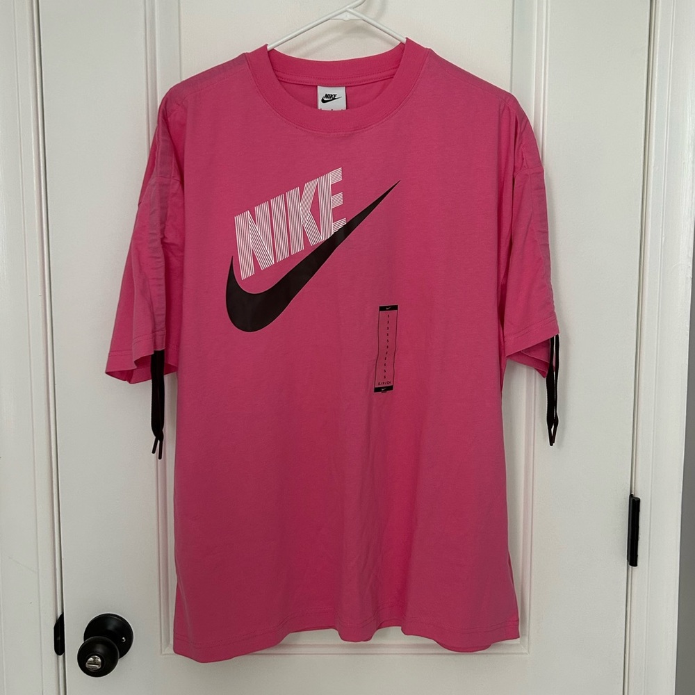 NWT Nike Women’s Pink Oversized Logo Tee Drawstring Sleeves Size S DV0335-684